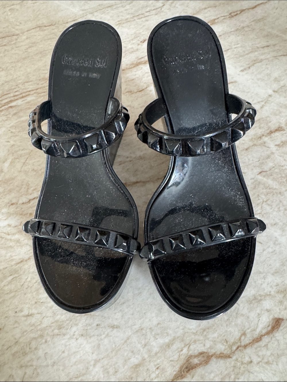 Patent Black Studded Wedge Slides for Women